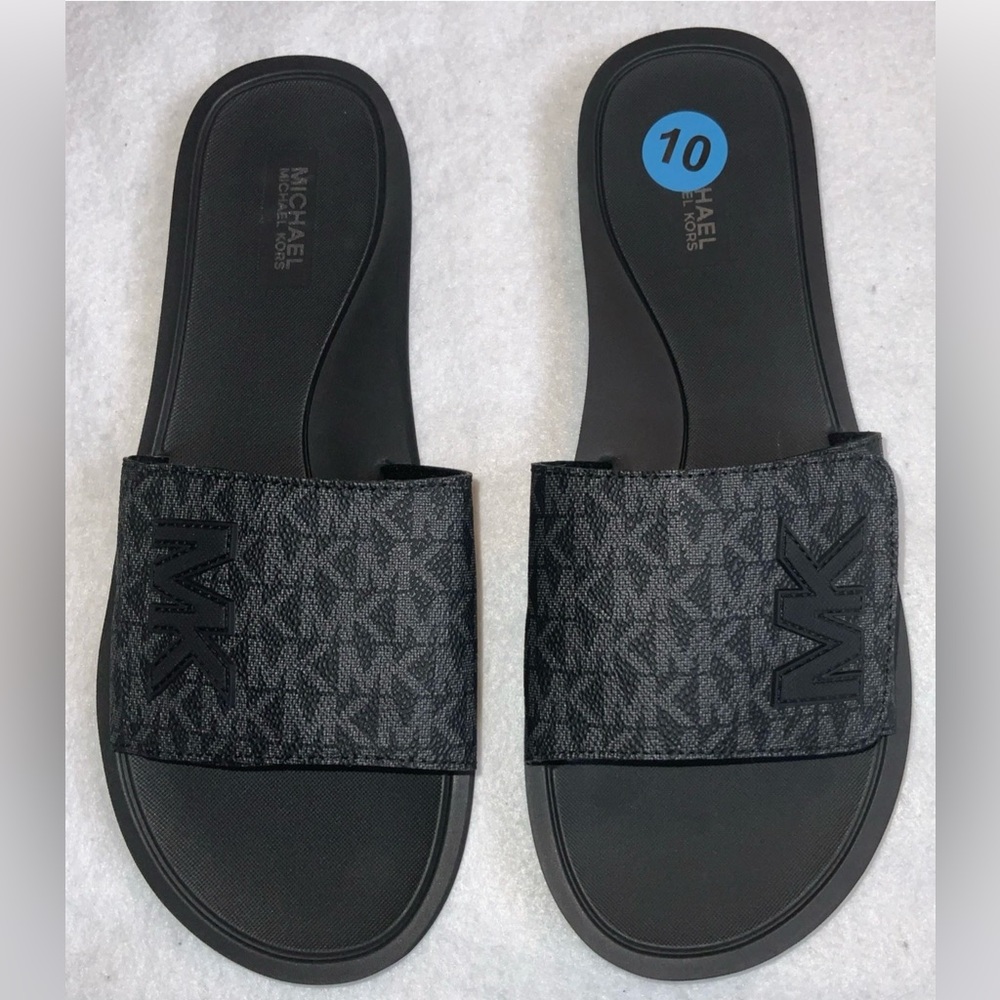 MK Michael Kors Women’s Black Gray Wade Logo Slide Sandals Size 10